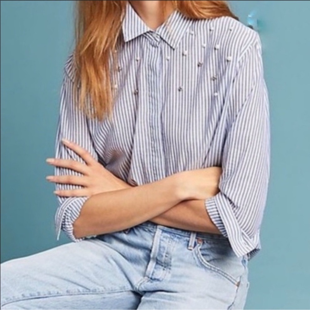 Rails Banker Stripe Button Up Shirt With Pearls - image 2